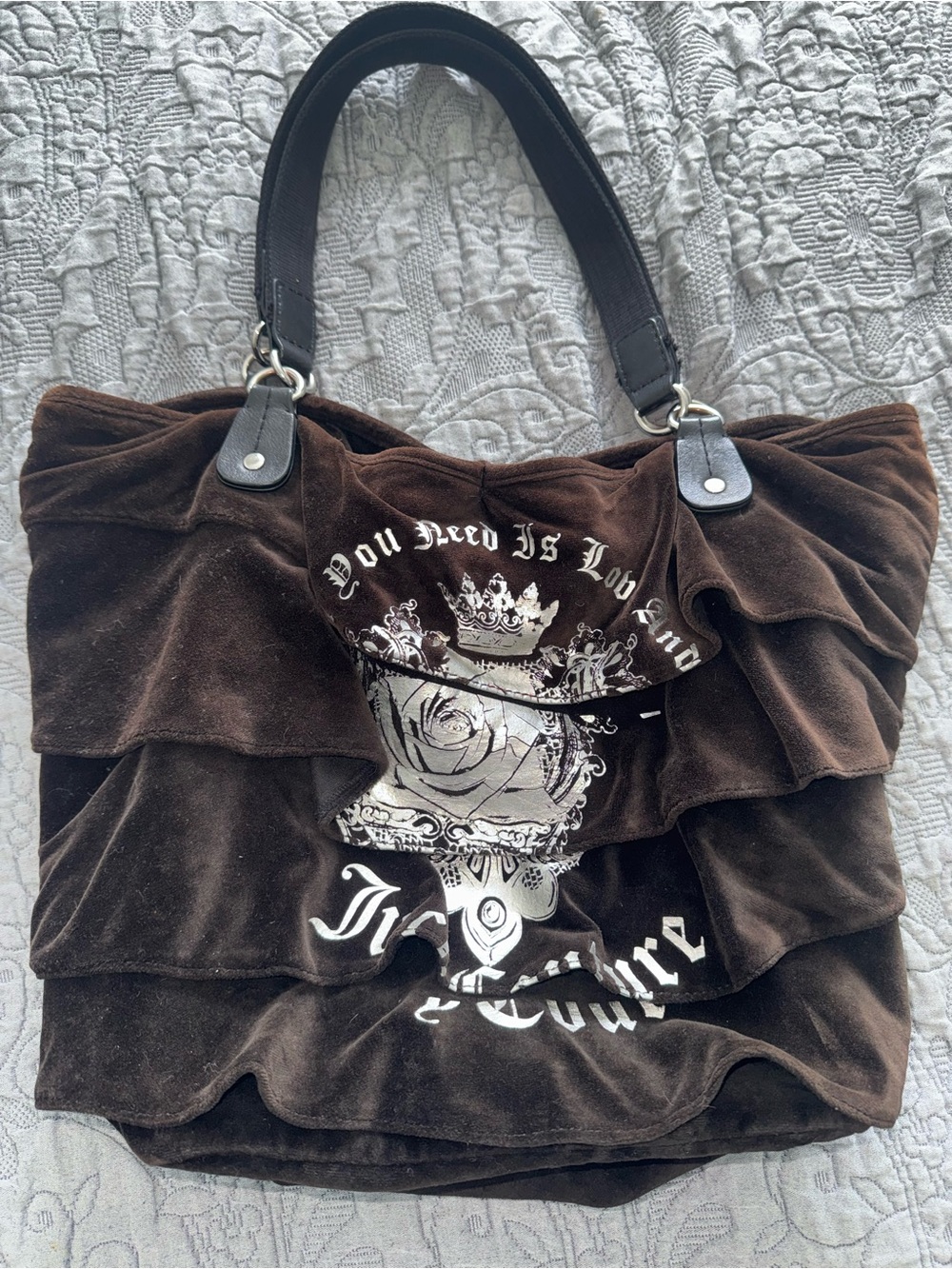 Vtg Rare Juicy Couture Velour Velvet Large Tote Bag Ruffle Brown Leather Handles